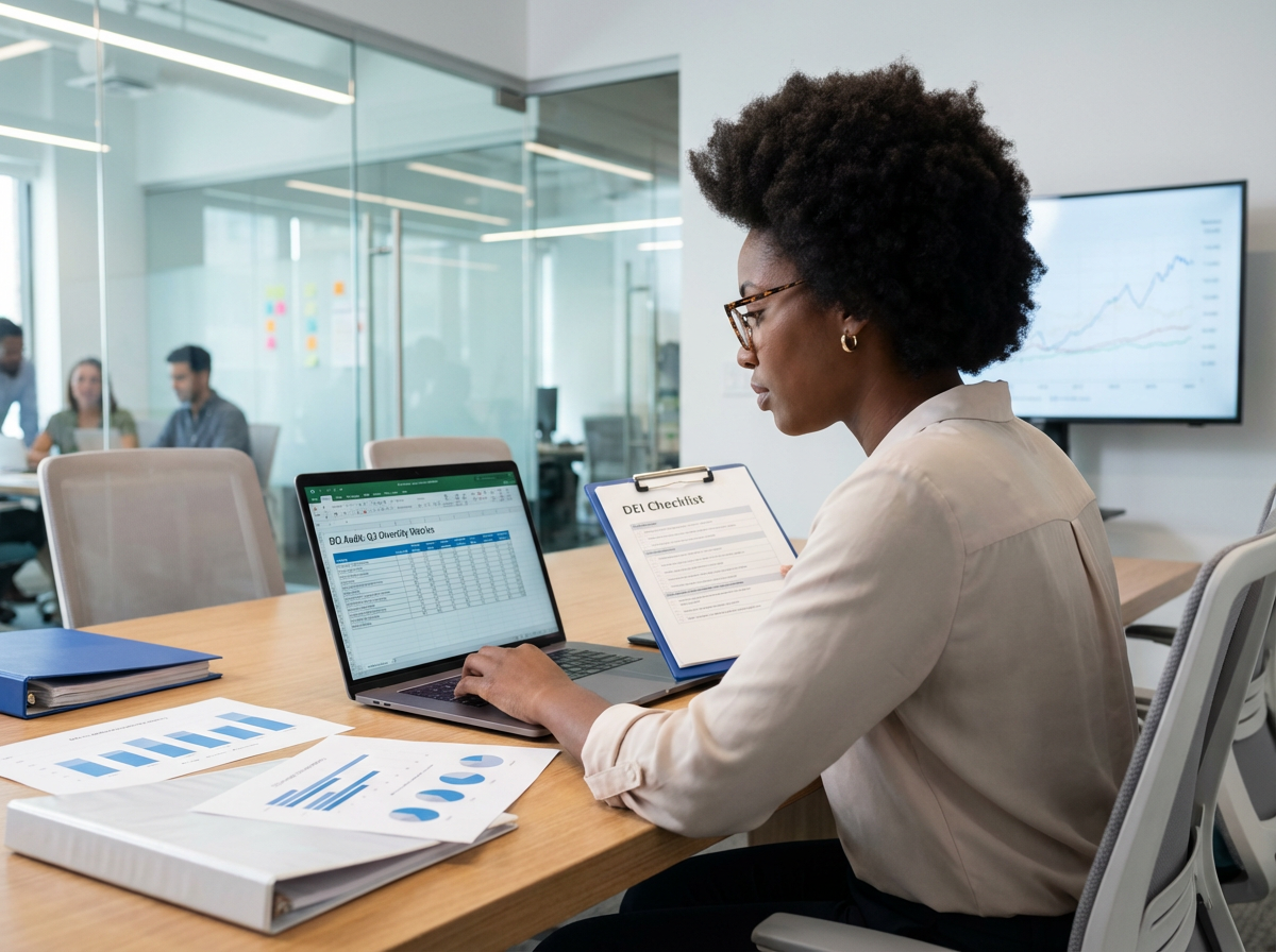 HR professional reviewing DEI audit checklist