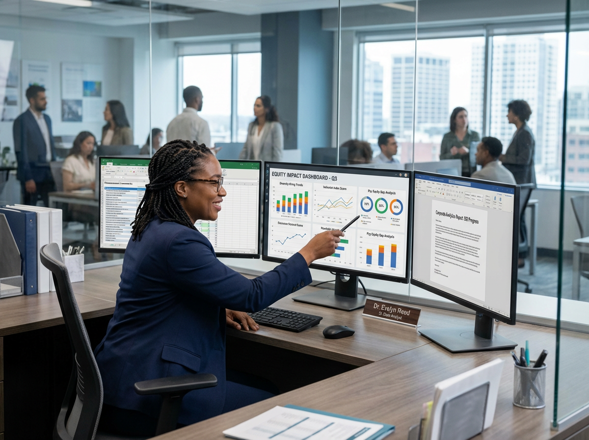 Data analyst reviewing equity impact metrics