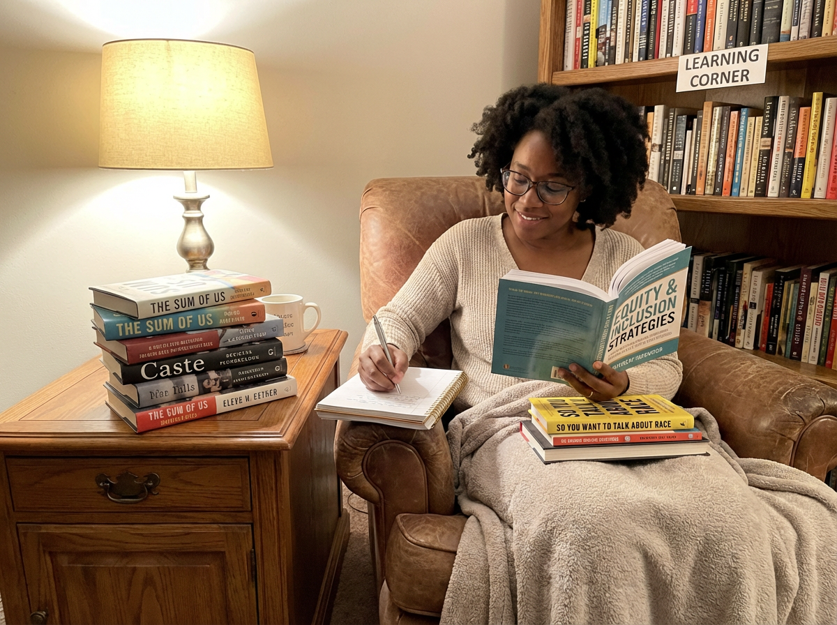 Woman reading books on racial equity