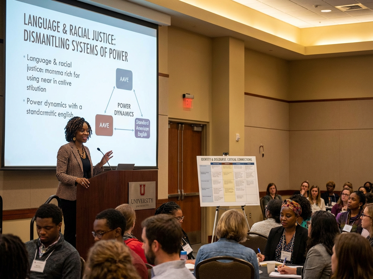 African American scholar presenting on language and race
