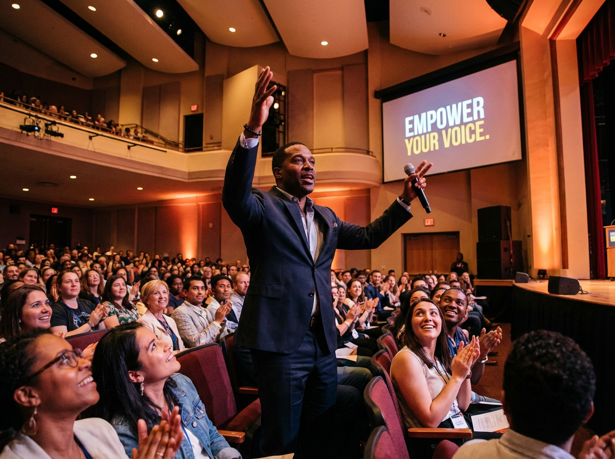 African American motivational speaker delivering keynote
